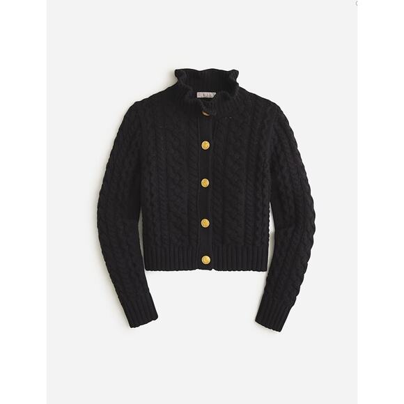 J.crew Black Cable-Knit Ruffle Neck Cardigan Sweater Size Small - Picture 1 of 8